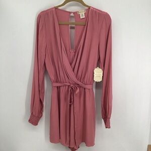 Altar’d State Women’s Belted Romper L/S Pink Salmon Casual Spring NWT Size L